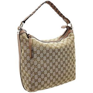 Gucci Bamboo Canvas Leather Beige Brown GG Shoulder Bag Handbag